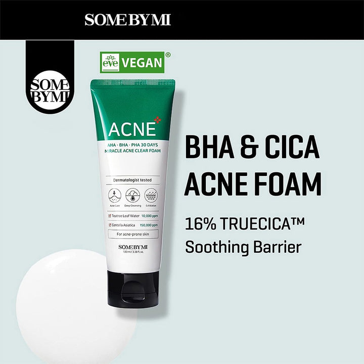 Some By Mi AHA BHA PHA 30 Days Miracle Acne Clear Foam Cleanser For Acne-Prone Skin 100ml - Easy Pharmacy LLC