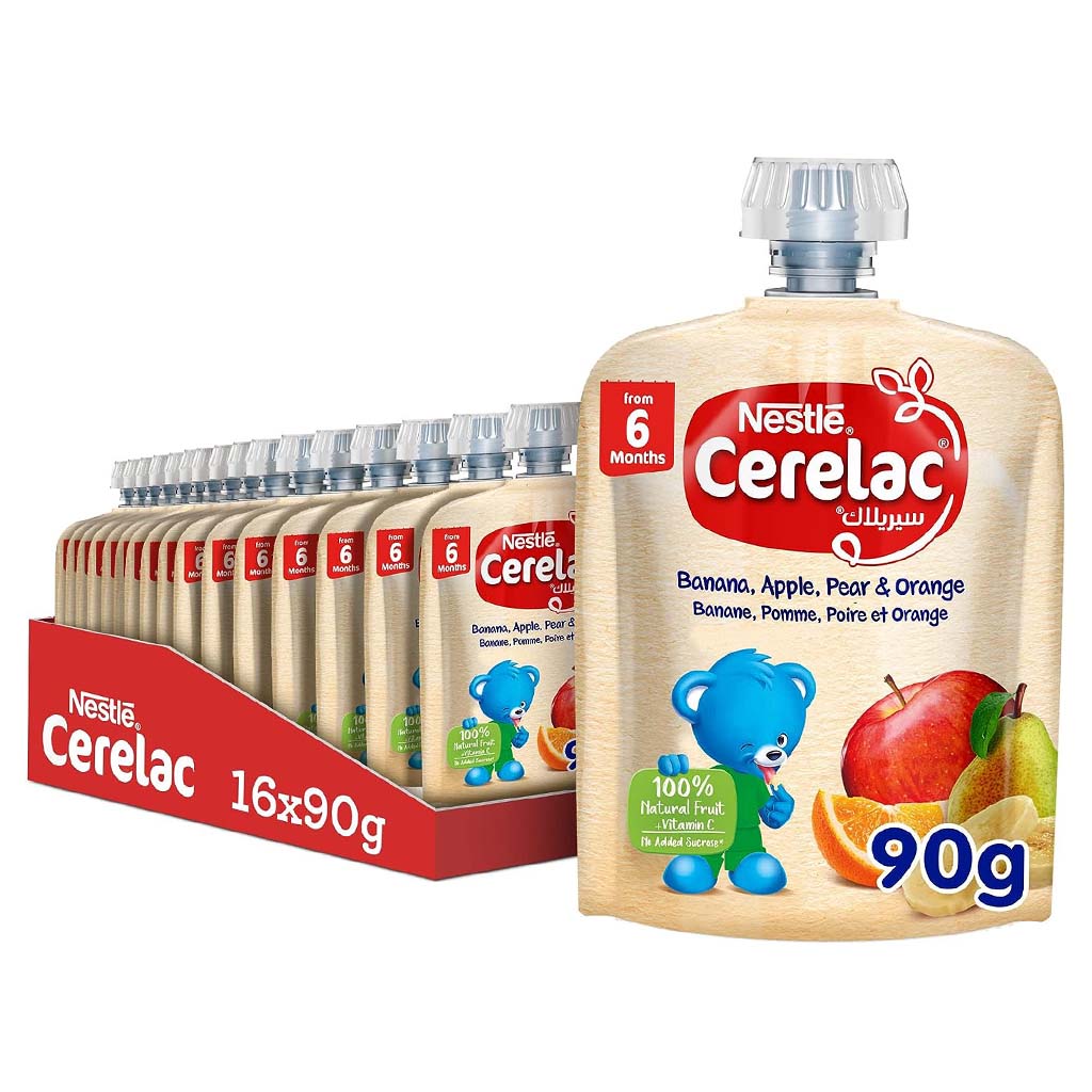 Nestle Cerelac Fruits Puree Pouch With Banana, Apple, Pear & Orange For Babies From 6 Months, 16 x 90g, Pack of 16's - Easy Pharmacy LLC