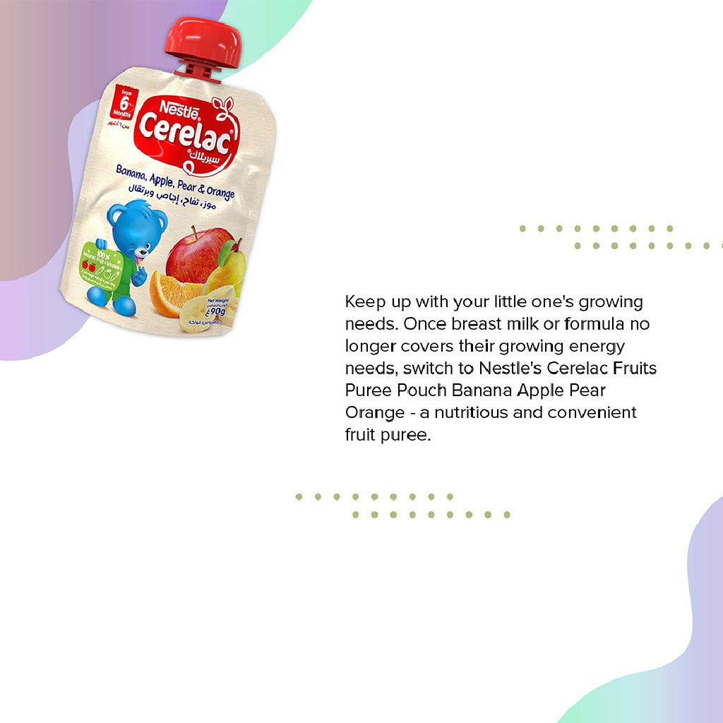 Nestle Cerelac Fruits Puree Pouch With Banana, Apple, Pear & Orange For Babies From 6 Months, 16 x 90g, Pack of 16's - Easy Pharmacy LLC
