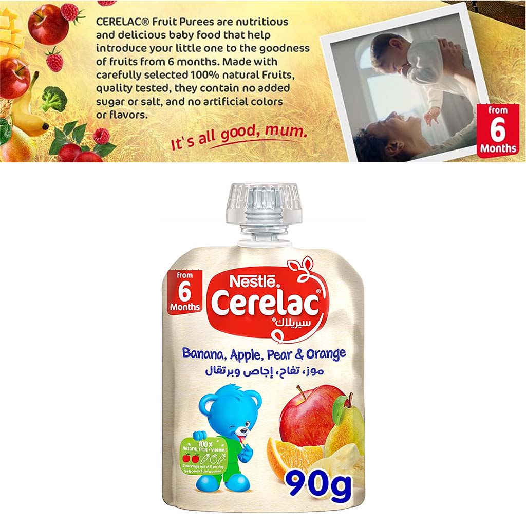 Nestle Cerelac Fruits Puree Pouch With Banana, Apple, Pear & Orange For Babies From 6 Months, 16 x 90g, Pack of 16's - Easy Pharmacy LLC