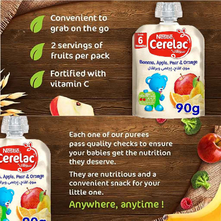 Nestle Cerelac Fruits Puree Pouch With Banana, Apple, Pear & Orange For Babies From 6 Months, 16 x 90g, Pack of 16's - Easy Pharmacy LLC
