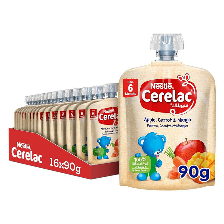 Nestle Cerelac Fruits Puree Pouch With Apple, Carrot & Mango For Babies From 6 Months, 16 x 90g, Pack of 16's - Easy Pharmacy LLC