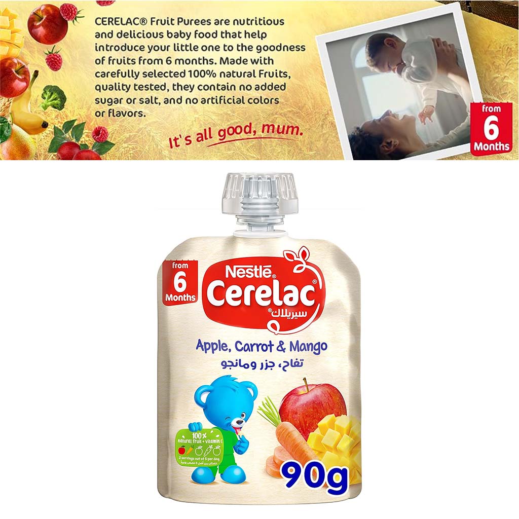 Nestle Cerelac Fruits Puree Pouch With Apple, Carrot & Mango For Babies From 6 Months, 16 x 90g, Pack of 16's - Easy Pharmacy LLC