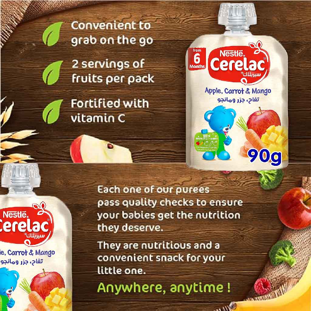 Nestle Cerelac Fruits Puree Pouch With Apple, Carrot & Mango For Babies From 6 Months, 16 x 90g, Pack of 16's - Easy Pharmacy LLC