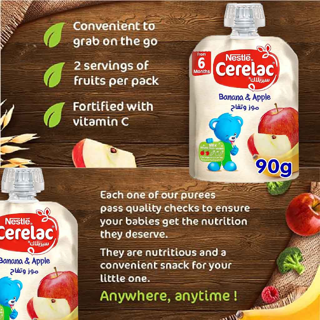 Nestle Cerelac Fruits Puree Pouch With Banana & Apple For Babies From 6 Months, 16 x 90g, Pack of 16's - Easy Pharmacy LLC