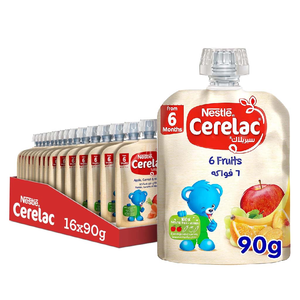 Nestle Cerelac Fruits Puree Pouch With 6 Fruits For Babies From 6 Months, 16 x 90g, Pack of 16's - Easy Pharmacy LLC