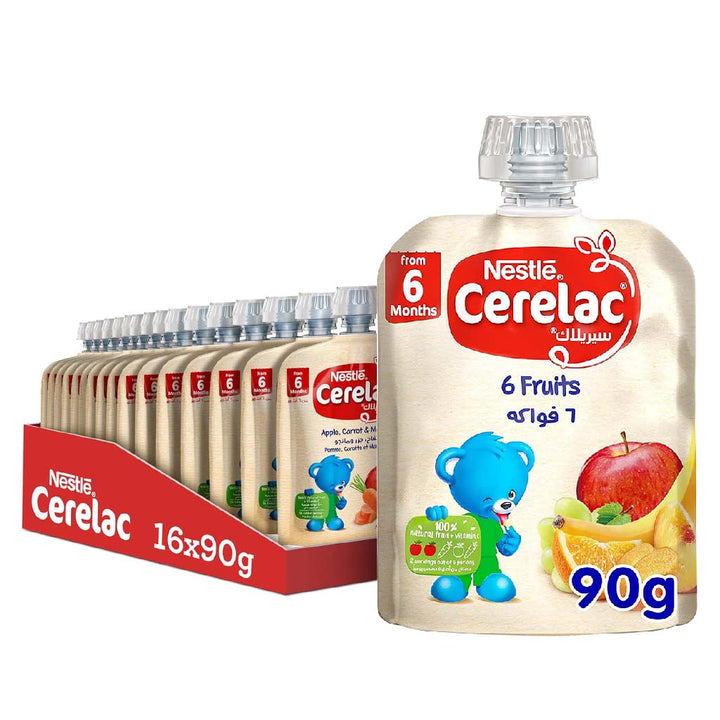 Nestle Cerelac Fruits Puree Pouch With 6 Fruits For Babies From 6 Months, 16 x 90g, Pack of 16's - Easy Pharmacy LLC