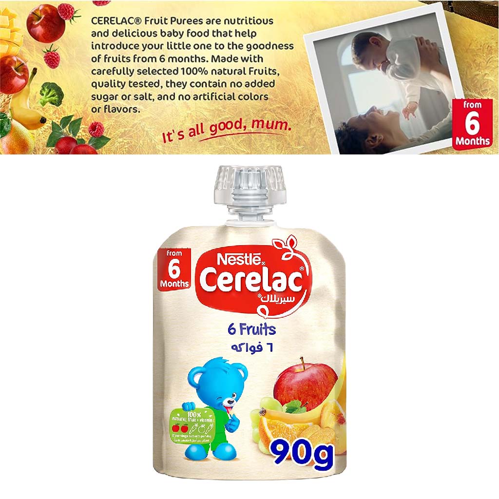 Nestle Cerelac Fruits Puree Pouch With 6 Fruits For Babies From 6 Months, 16 x 90g, Pack of 16's - Easy Pharmacy LLC
