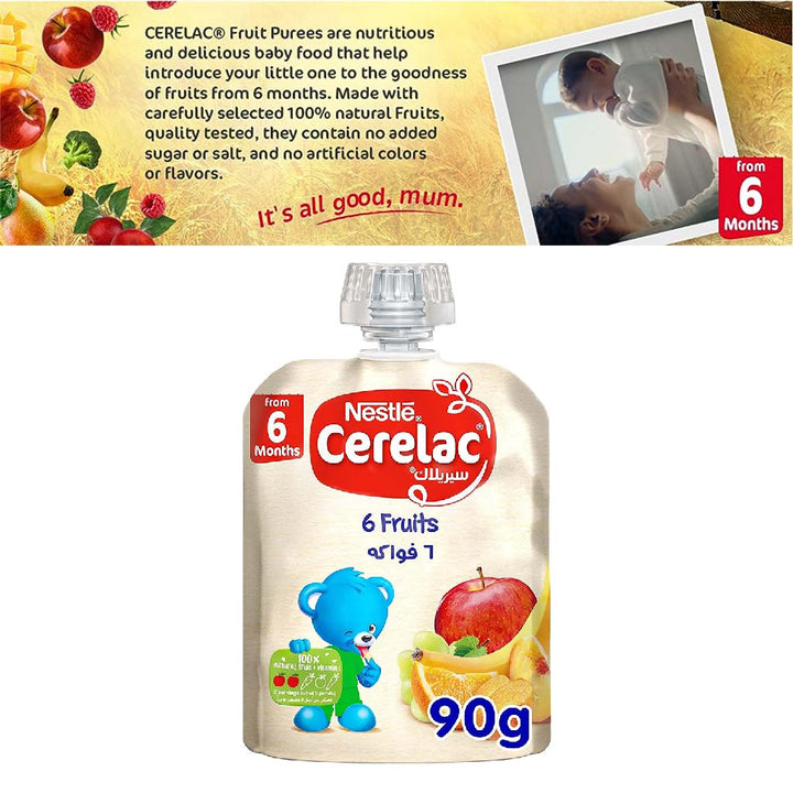 Nestle Cerelac Fruits Puree Pouch With 6 Fruits For Babies From 6 Months, 16 x 90g, Pack of 16's - Easy Pharmacy LLC