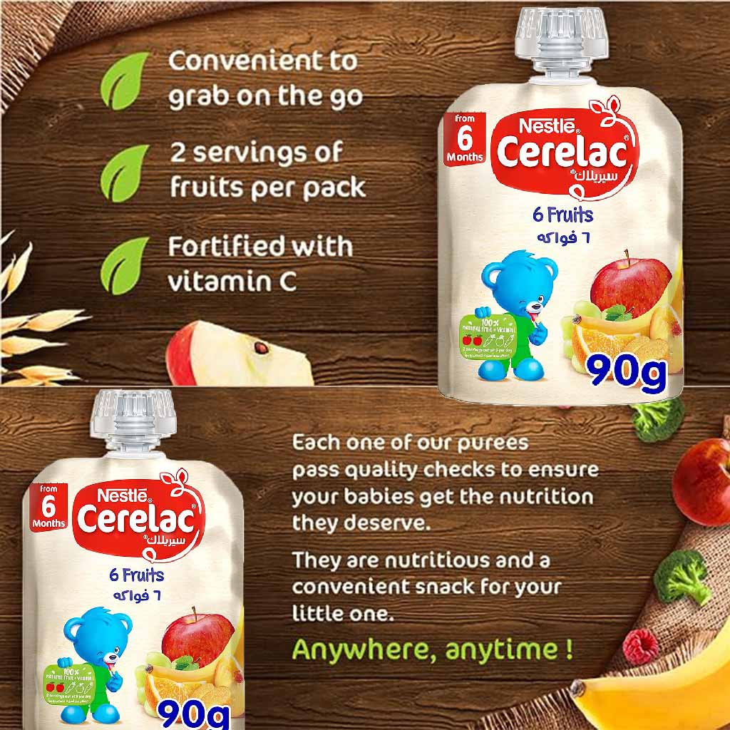 Nestle Cerelac Fruits Puree Pouch With 6 Fruits For Babies From 6 Months, 16 x 90g, Pack of 16's - Easy Pharmacy LLC