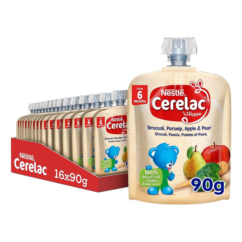 Nestle Cerelac Fruits Puree Pouch With Broccoli, Parsnip, Apple & Pear For Babies From 6 Months, 16 x 90g, Pack of 16's - Easy Pharmacy LLC