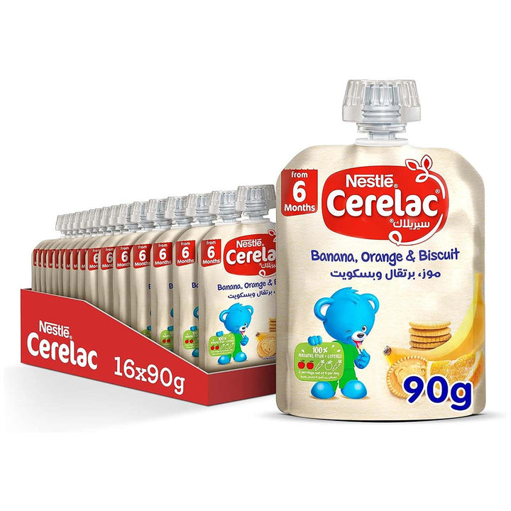 Nestle Cerelac Fruits Puree Pouch With Banana, Orange & Biscuit For Babies From 6 Months, 16 x 90g, Pack of 16's - Easy Pharmacy LLC