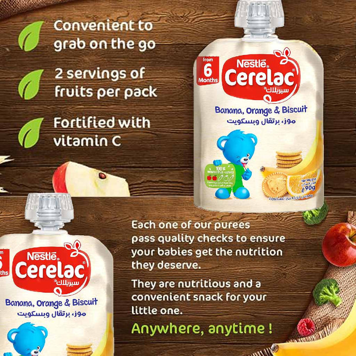 Nestle Cerelac Fruits Puree Pouch With Banana, Orange & Biscuit For Babies From 6 Months, 16 x 90g, Pack of 16's - Easy Pharmacy LLC