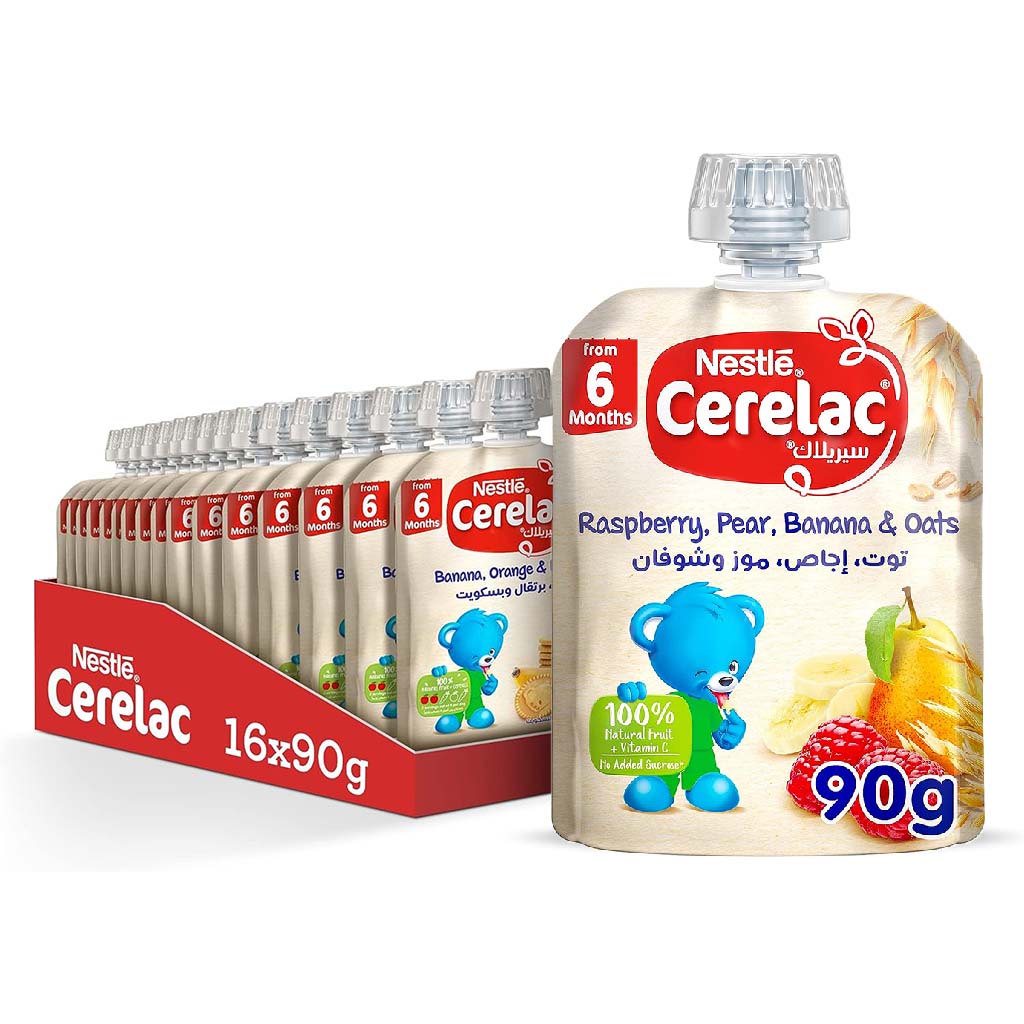 Nestle Cerelac Fruits Puree Pouch With Raspberry, Pear, Banana & Oats For Babies From 6 Months, 16 x 90g, Pack of 16's - Easy Pharmacy LLC