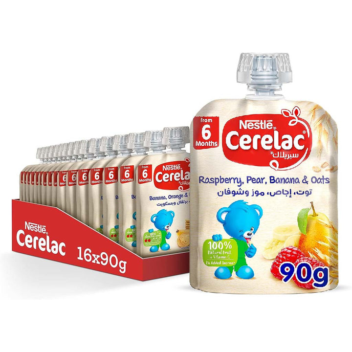 Nestle Cerelac Fruits Puree Pouch With Raspberry, Pear, Banana & Oats For Babies From 6 Months, 16 x 90g, Pack of 16's - Easy Pharmacy LLC