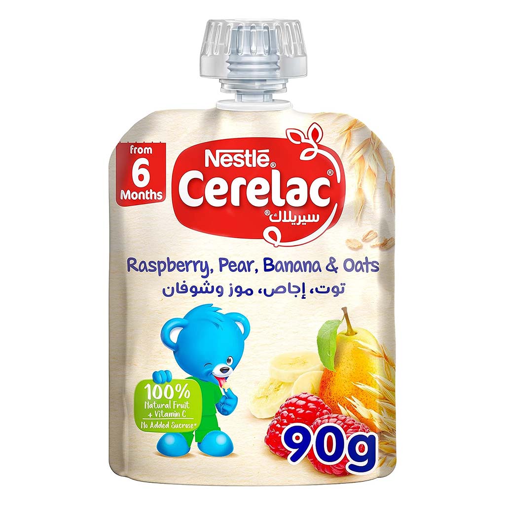 Nestle Cerelac Fruits Puree Pouch With Raspberry, Pear, Banana & Oats For Babies From 6 Months, 16 x 90g, Pack of 16's - Easy Pharmacy LLC