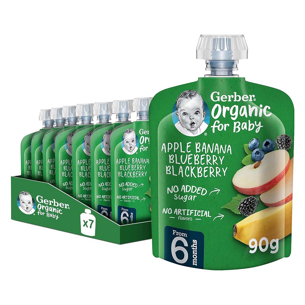 Gerber Organic Puree With Apple, Banana, Blueberry, & Blackberry For Babies From 6 Months, 7 x 90g, Pack of 7's - Easy Pharmacy LLC