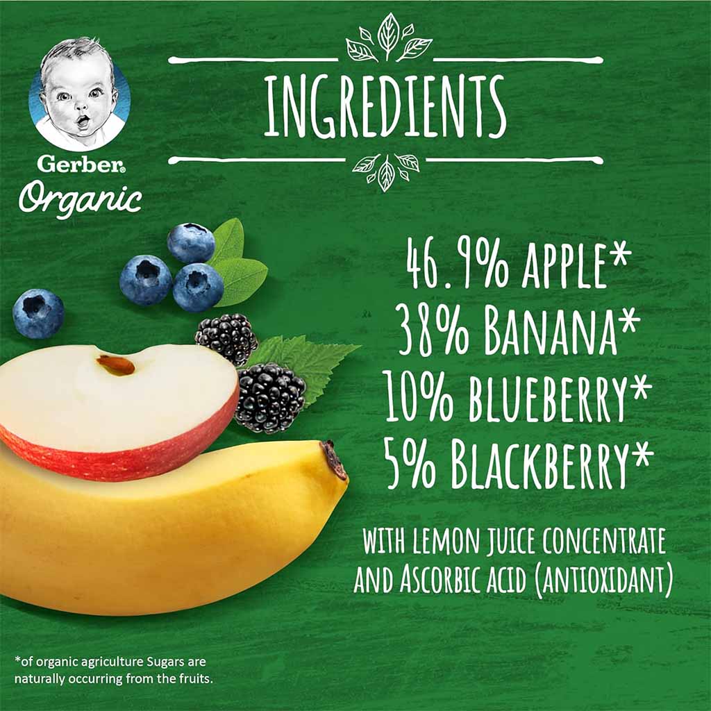 Gerber Organic Puree With Apple, Banana, Blueberry, & Blackberry For Babies From 6 Months, 7 x 90g, Pack of 7's - Easy Pharmacy LLC