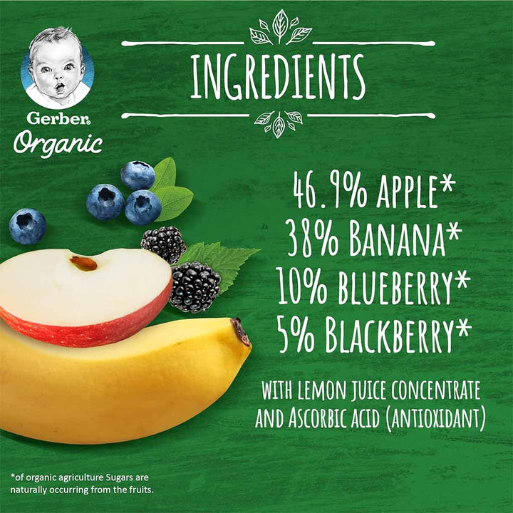 Gerber Organic Puree With Apple, Banana, Blueberry, & Blackberry For Babies From 6 Months, 7 x 90g, Pack of 7's - Easy Pharmacy LLC