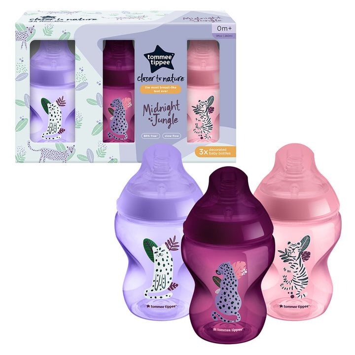 Tommee Tippee Closer To Nature Midnight Jungle Slow Flow Baby Feeding Bottle For 0+ Months 260ml, Pack of 3’s - Easy Pharmacy LLC