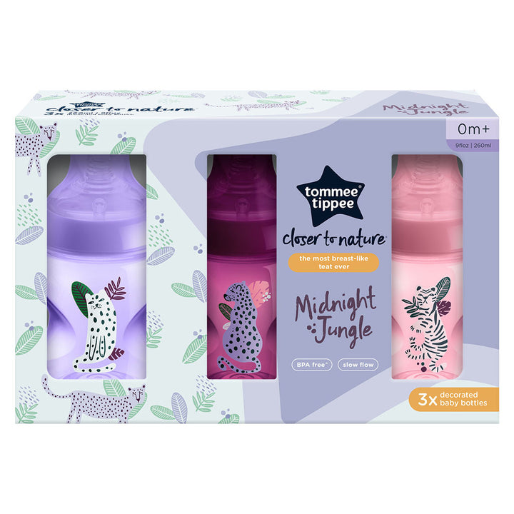 Tommee Tippee Closer To Nature Midnight Jungle Slow Flow Baby Feeding Bottle For 0+ Months 260ml, Pack of 3’s - Easy Pharmacy LLC