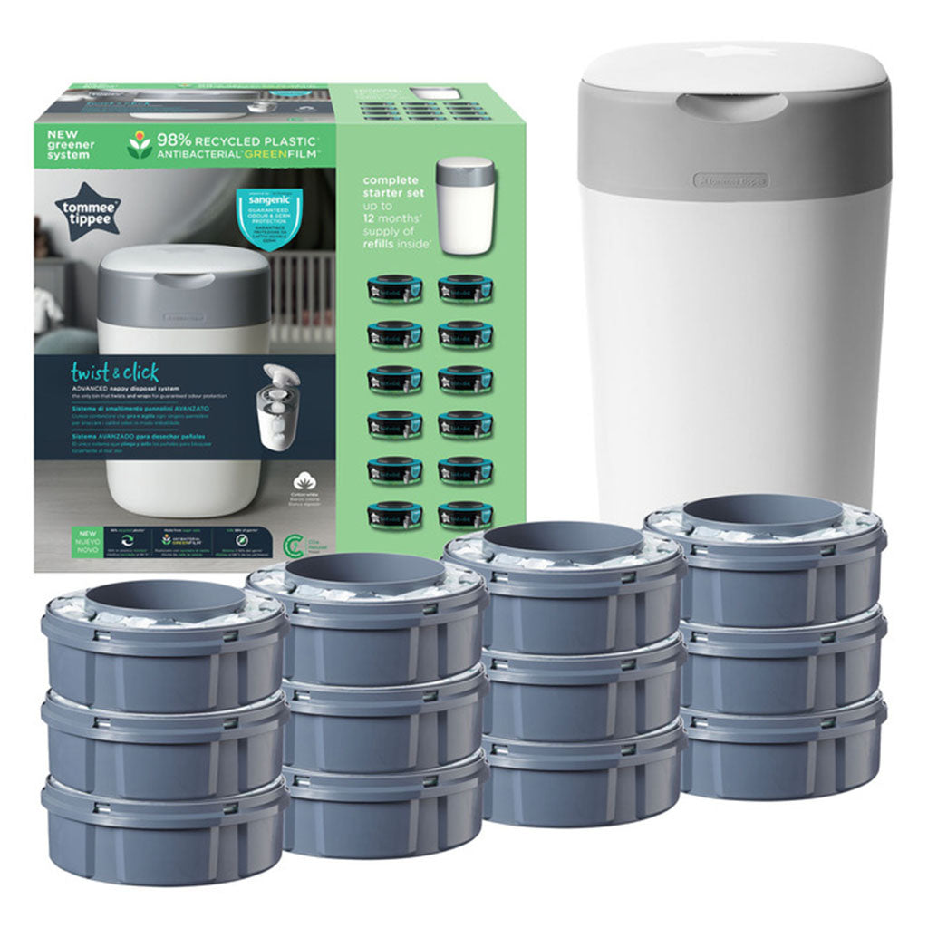 Tommee Tippee Twist & Click Sangenic Universal Advanced Nappy Disposal Bin With 12 Refill Cassette Complete Starter Set For Nappy Disposal - White - Easy Pharmacy LLC