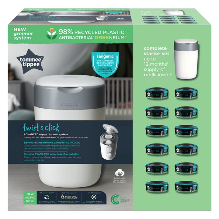 Tommee Tippee Twist & Click Sangenic Universal Advanced Nappy Disposal Bin With 12 Refill Cassette Complete Starter Set For Nappy Disposal - White - Easy Pharmacy LLC