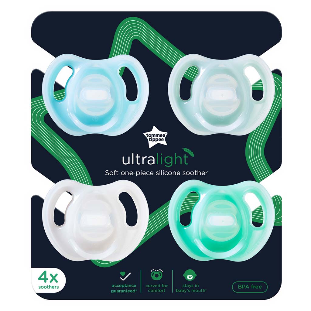 Tommee Tippee Ultralight Soft One Piece Silicone Baby Soother For 0 To 6 Months- Green/white Color, Pack of 4’s - Easy Pharmacy LLC
