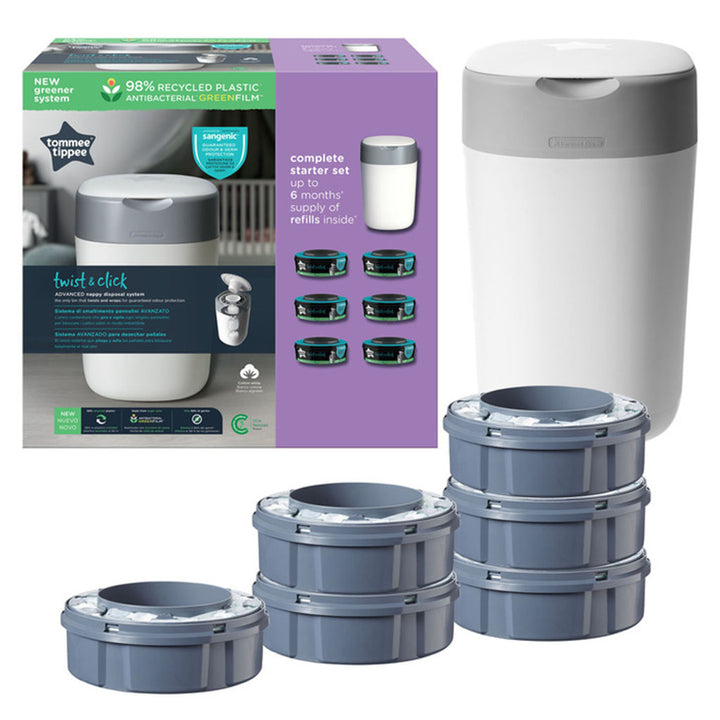 Tommee Tippee Twist & Click Advanced Nappy Disposal Bin + 6 Refill Cassette Complete Starter Set For Nappy Disposal - Easy Pharmacy LLC