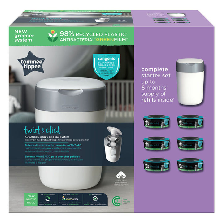 Tommee Tippee Twist & Click Advanced Nappy Disposal Bin + 6 Refill Cassette Complete Starter Set For Nappy Disposal - Easy Pharmacy LLC