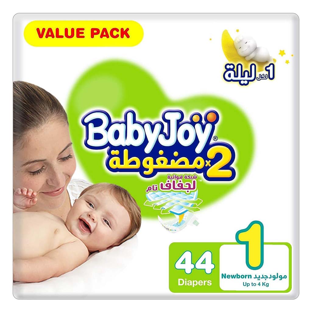 BabyJoy 2 x Compressed Baby Diapers For Newborns, Size 1, Up to 4kg Weight, Value Pack of 44's - Easy Pharmacy LLC