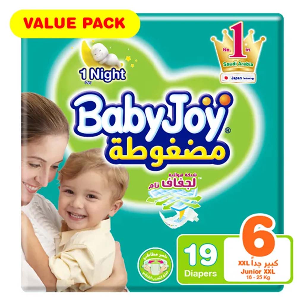 BabyJoy Compressed Diamond Pad Baby Diapers, Size 6, Junior, XXL For 16-25Kg Baby, Value Pack of 19's - Easy Pharmacy LLC
