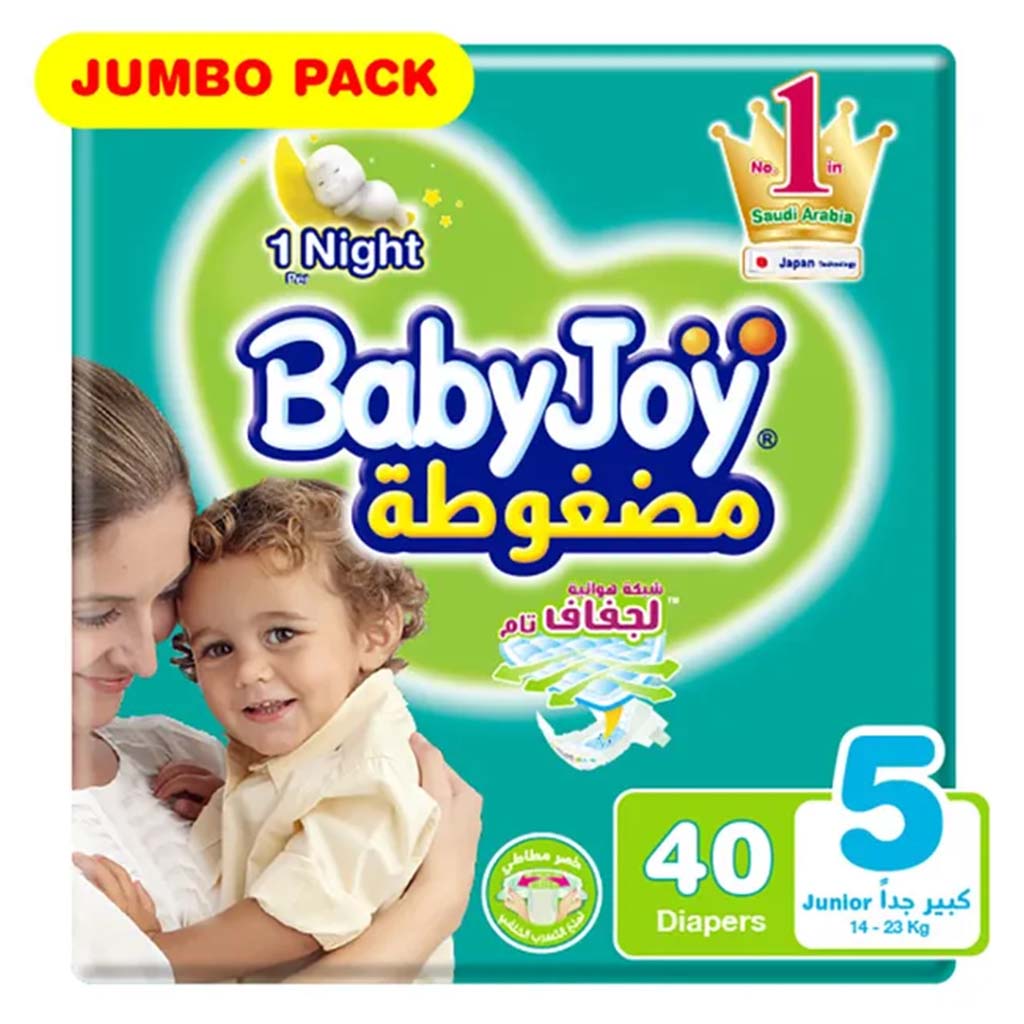 BabyJoy Compressed Diamond Pad Baby Diapers, Size 5, Junior, For 14-23Kg Baby, Jumbo Pack of 40's - Easy Pharmacy LLC