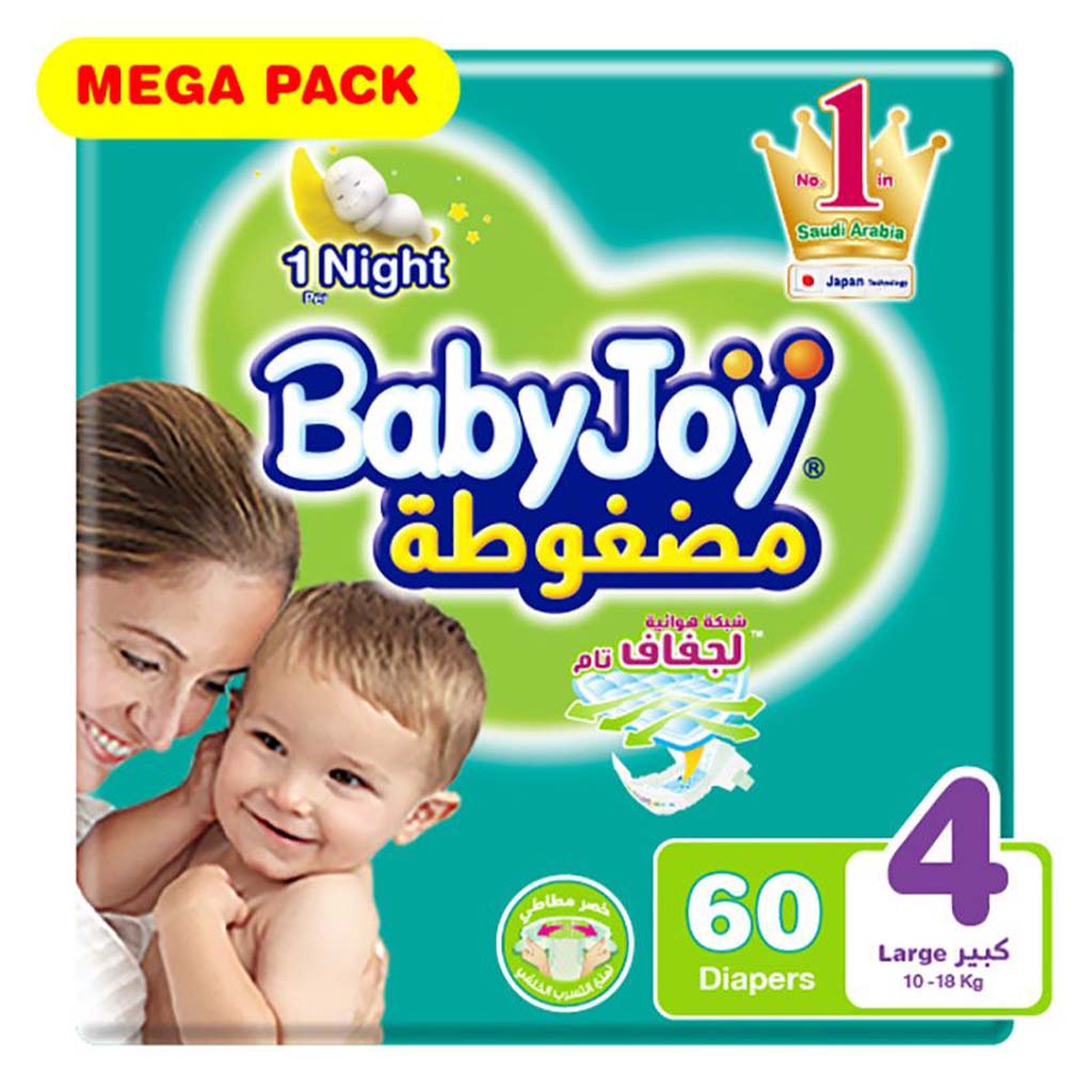 BabyJoy Compressed Diamond Pad Baby Diapers, Size 4, Large For 10-18Kg Baby, Mega Pack of 60's - Easy Pharmacy LLC