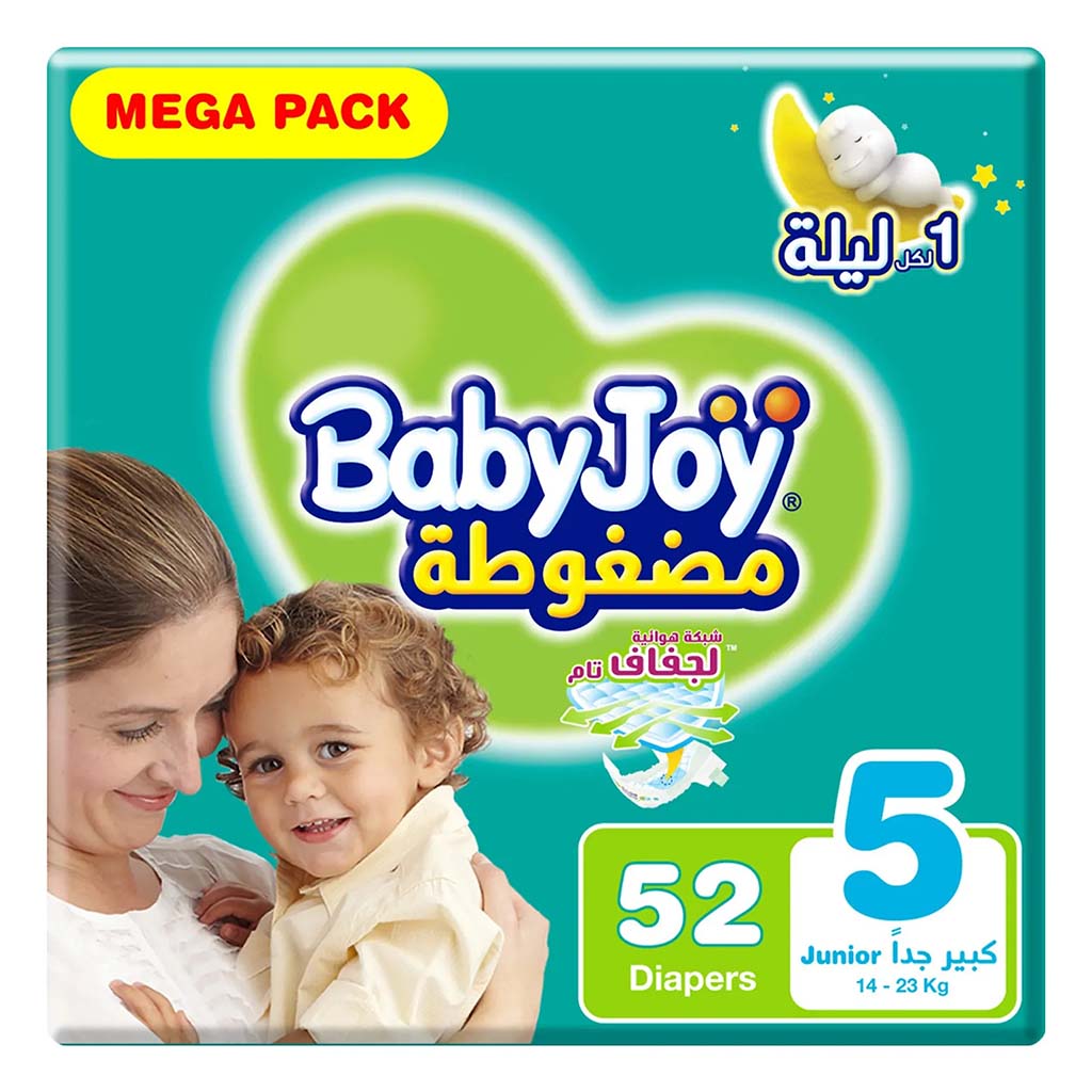 BabyJoy Compressed Diamond Pad Baby Diapers, Size 5, Junior, For 14-23Kg Baby, Mega Pack of 52's - Easy Pharmacy LLC