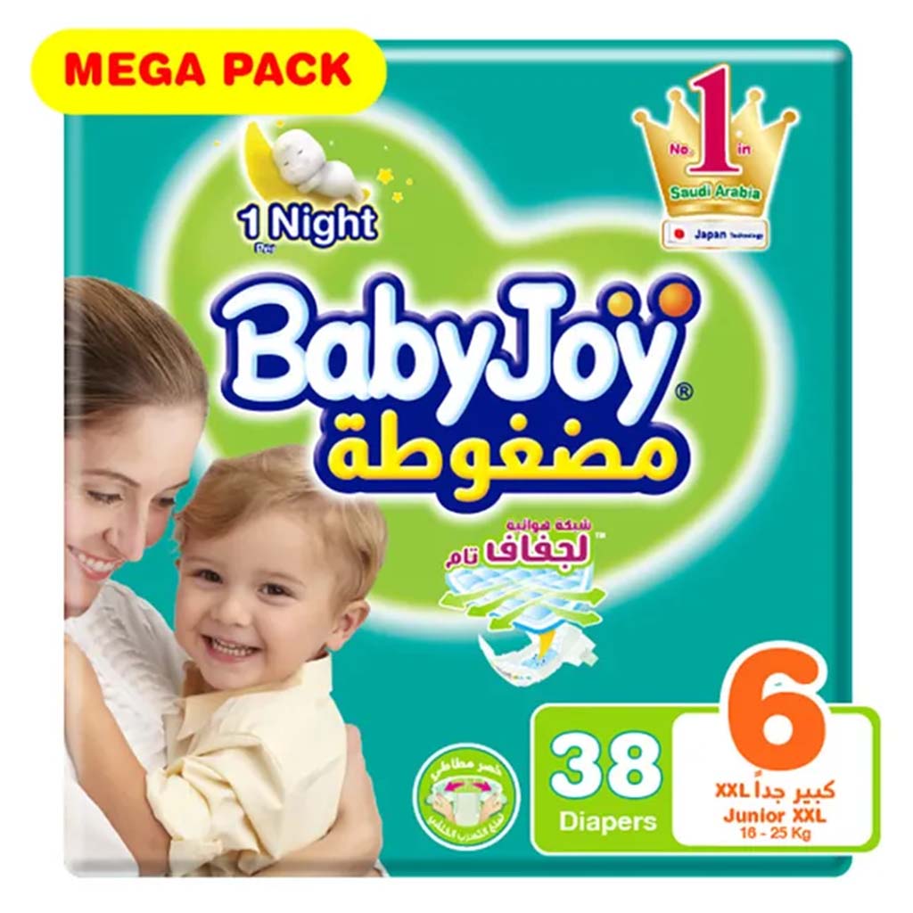 BabyJoy Compressed Diamond Pad Baby Diapers, Size 6, Junior, XXL For 16-25kg Baby, Mega Pack of 38's - Easy Pharmacy LLC