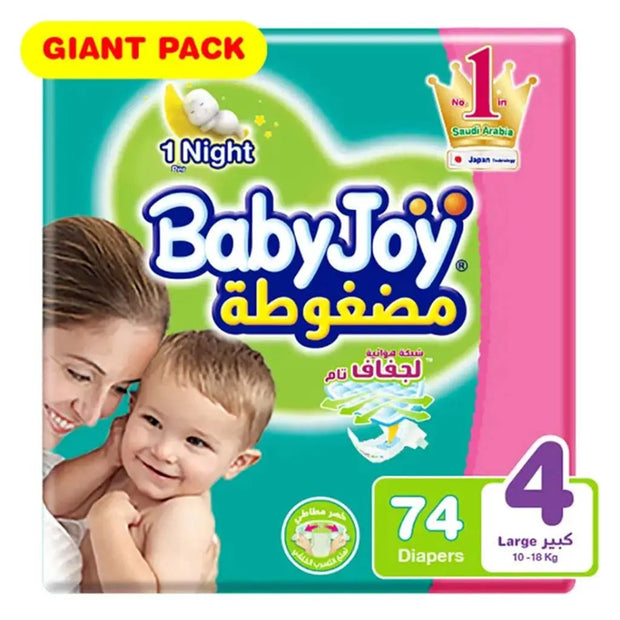 BabyJoy Compressed Diamond Pad Baby Diapers, Size 4, Large For 10-18Kg Baby, Giant Pack of 74's