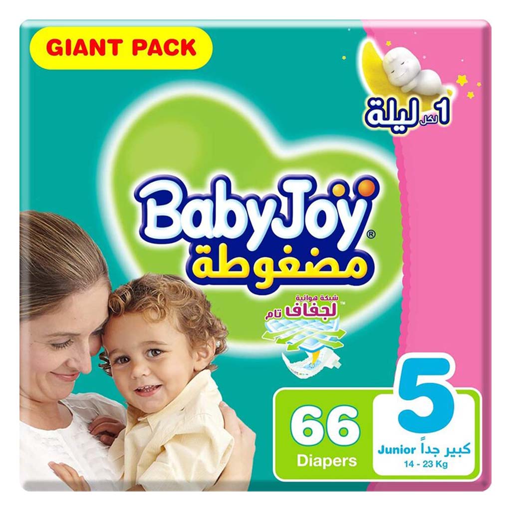 BabyJoy Compressed Diamond Pad Baby Diapers, Size 5, Junior, For 14-23Kg Baby, Giant Pack of 66's - Easy Pharmacy LLC