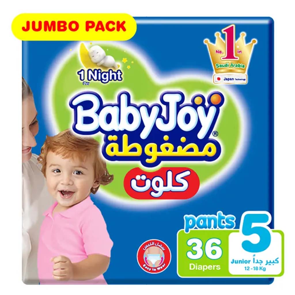 BabyJoy Compressed Diamond Pad Culotte Pant Baby Diapers, Size 5, Junior, For 12-18Kg Baby, Jumbo Pack of 36's - Easy Pharmacy LLC