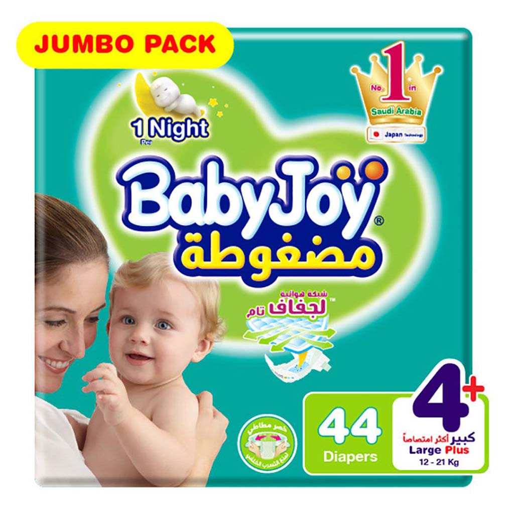 BabyJoy Compressed Diamond Pad Baby Diapers, Size 4+, Large Plus For 12-21Kg Baby, Jumbo Pack of 44's - Easy Pharmacy LLC