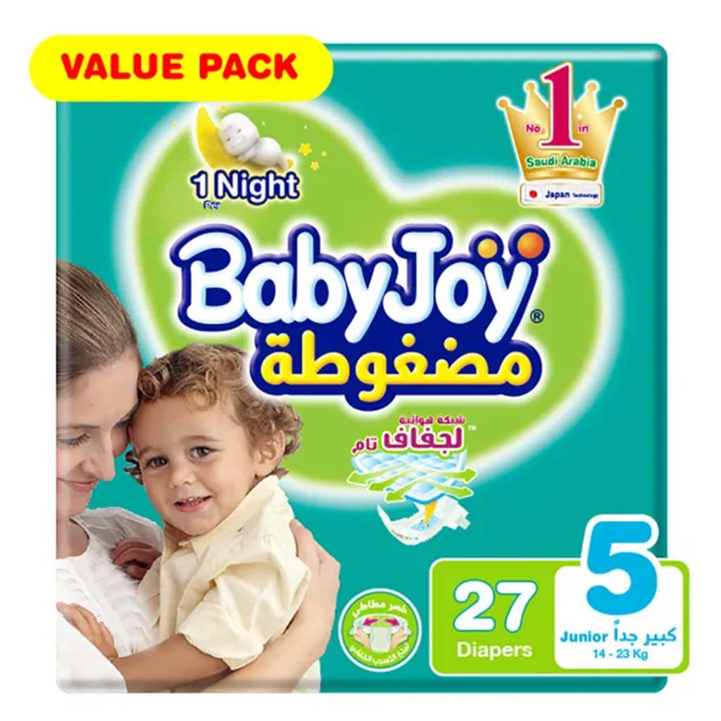 BabyJoy Compressed Diamond Pad Baby Diapers, Size 5, Junior, For 14-23Kg Baby, Value Pack of 27's - Easy Pharmacy LLC