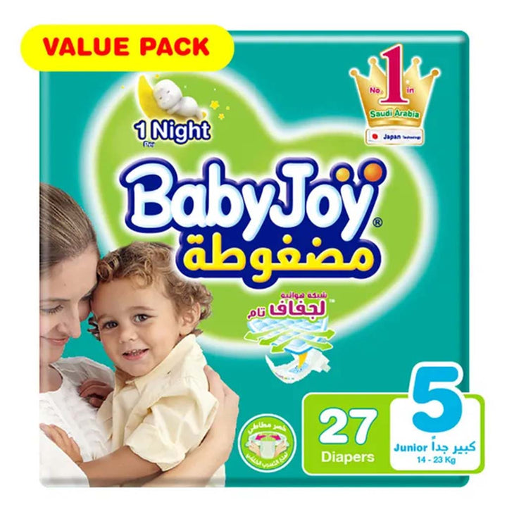 BabyJoy Compressed Diamond Pad Baby Diapers, Size 5, Junior, For 14-23Kg Baby, Value Pack of 27's - Easy Pharmacy LLC