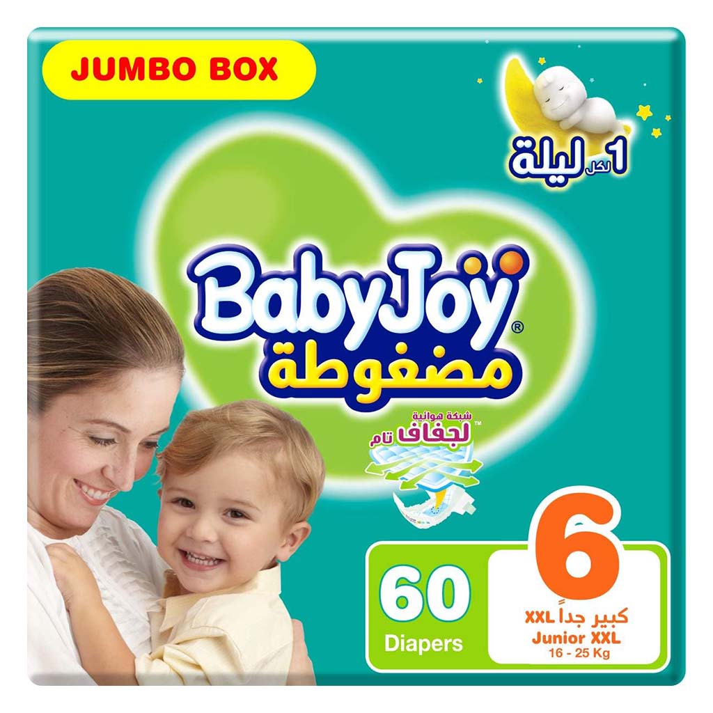 BabyJoy Compressed Diamond Pad Baby Diapers, Size 6, Junior, XXL For 16-25Kg Baby, Jumbo Pack of 60's - Easy Pharmacy LLC