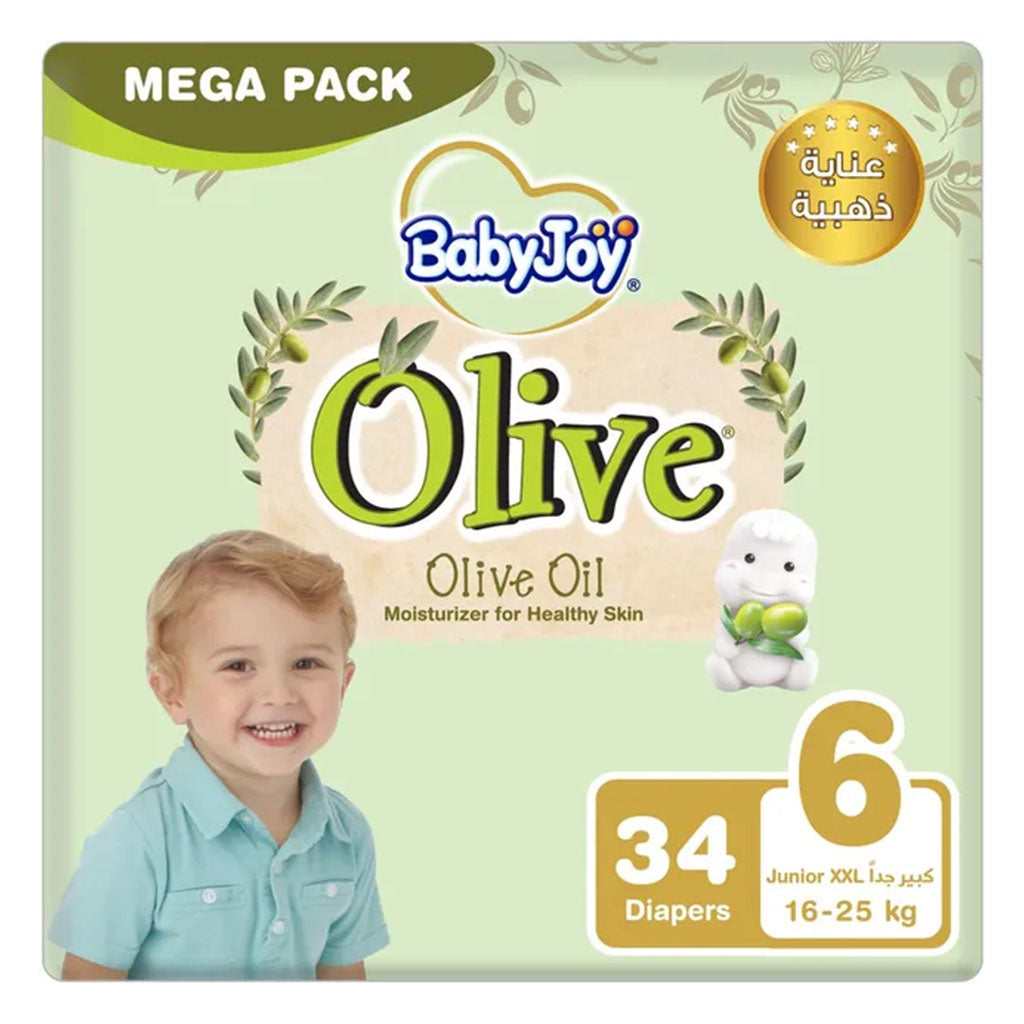 BabyJoy Olive Baby Diapers Size 6, Junior XXL For 16-25Kg Baby, Mega Pack of 34's - Easy Pharmacy LLC