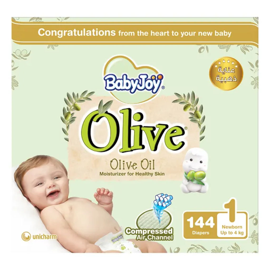 BabyJoy Olive Baby Diapers, Size 1 For Newborn Up to 4Kg, Pack of 144's - Easy Pharmacy LLC