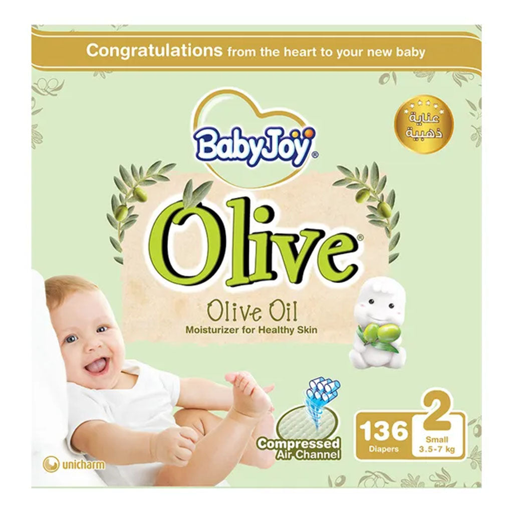 BabyJoy Olive Baby Diapers Size 2, Small For 3.5-7Kg Baby, Pack of 136's - Easy Pharmacy LLC