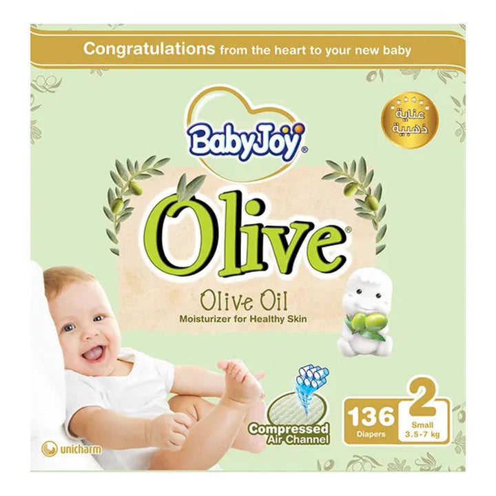BabyJoy Olive Baby Diapers Size 2, Small For 3.5-7Kg Baby, Pack of 136's - Easy Pharmacy LLC