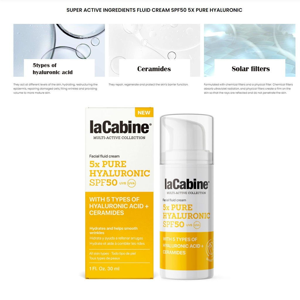 LaCabine 5X Pure Hyaluronic Acid Hydrating & Wrinkle Smoothing Facial Fluid Cream SPF50 30ml - Easy Pharmacy LLC
