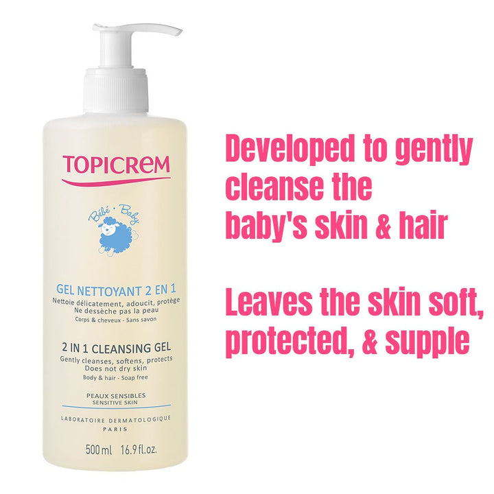 Topicrem 2 In 1 Cleansing Gel, Body & Hair Cleanser For Newborns, Baby & Children, Soap Free 500ml - Easy Pharmacy LLC