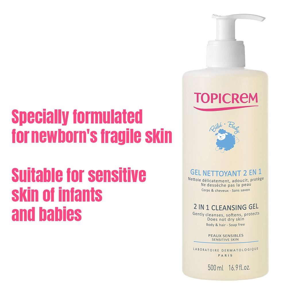 Topicrem 2 In 1 Cleansing Gel, Body & Hair Cleanser For Newborns, Baby & Children, Soap Free 500ml - Easy Pharmacy LLC